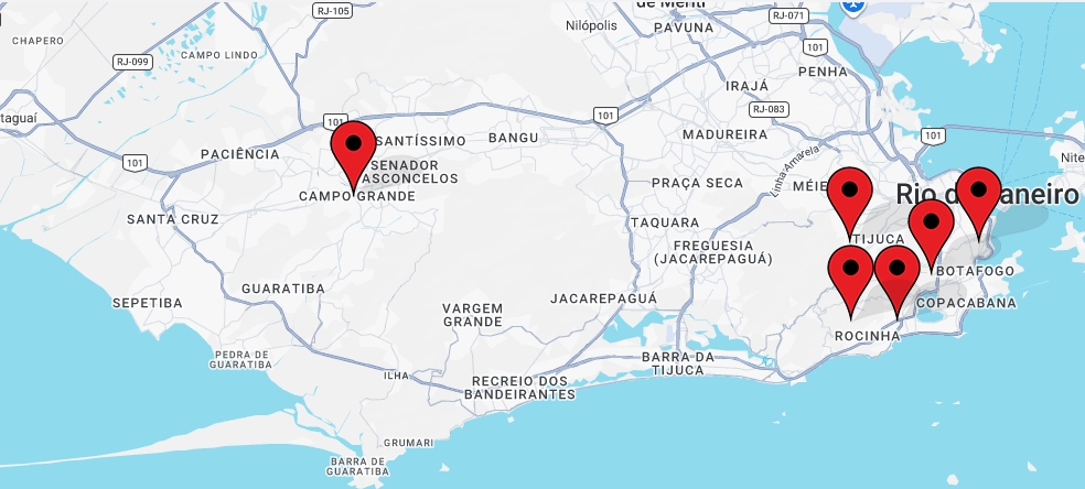 mapa do rio de janeiro com gotas sinalizando os locais de atendimento na zona sul, tijuca e campo grande