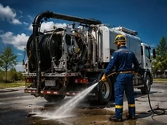 imagem com um profissional limpando a pista suja de óleo com sistema de hidrojateamento