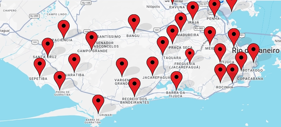 mapa do rio de janeiro com gotas sinalizando os locais de atendimento em todo Município